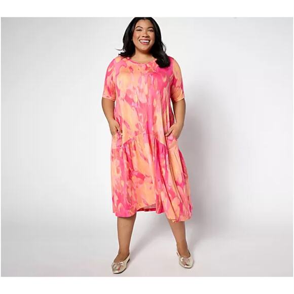 LOGO by Lori Goldstein Elbow Sleeve Crew Neck Dress‎ Coral Combo Jersey Large - Picture 1 of 7